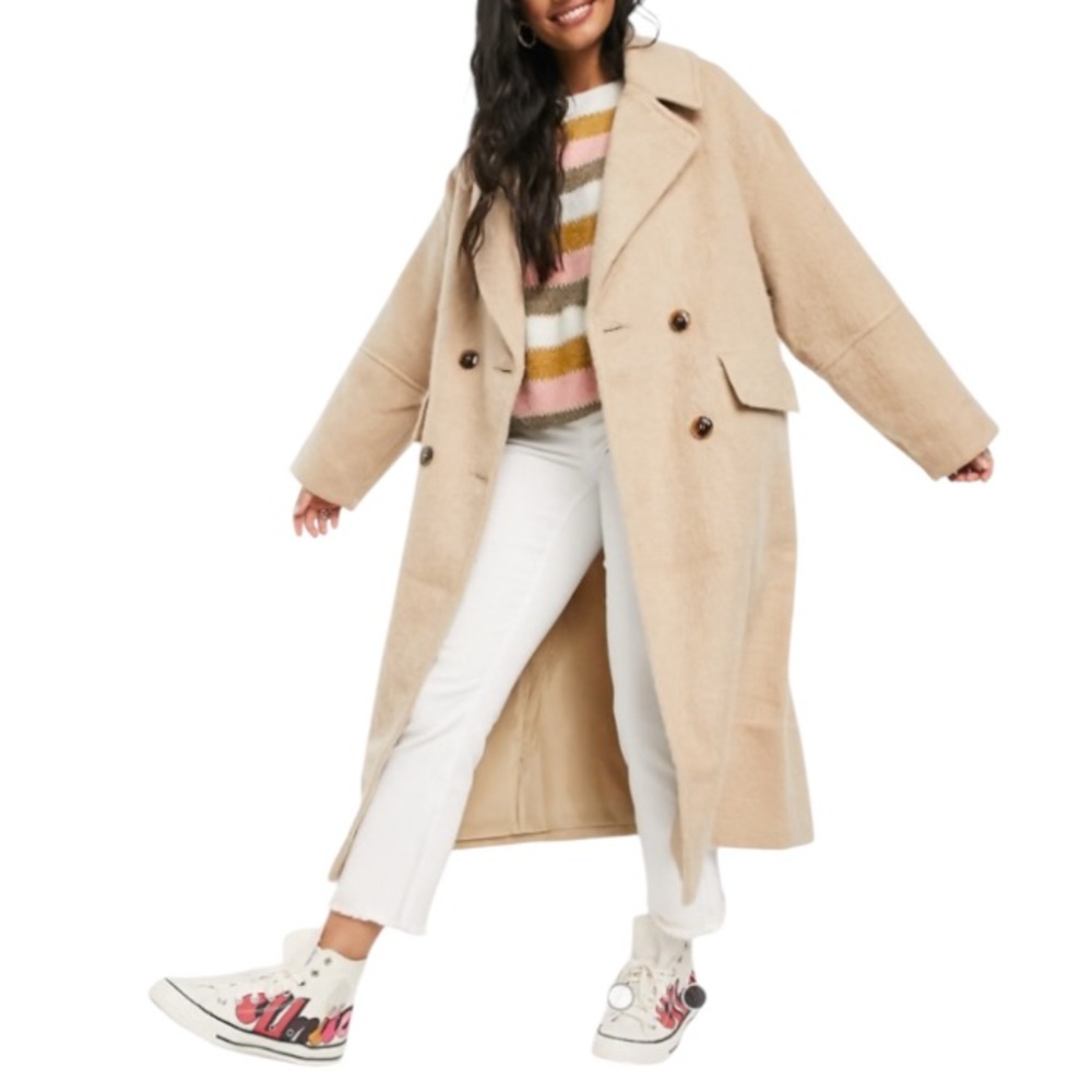 NWOT ASOS Design Camel Oversized Long Brushed  Coat Size 8